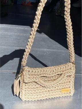 Handmade Crochet Beige Tan Latte Shoulder Bag Purse Braided Shoulder Strap